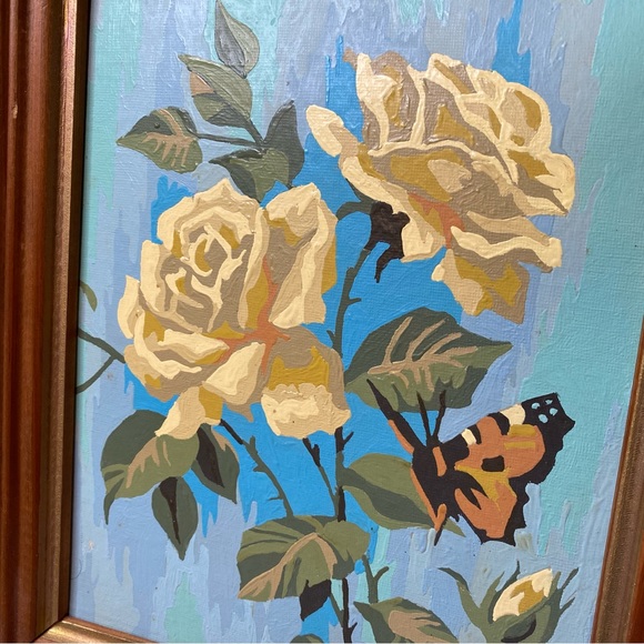 Vintage 60’s Hand Painted Yellow Rose And Monarch Butterfly Framed Artwork - Picture 6 of 7